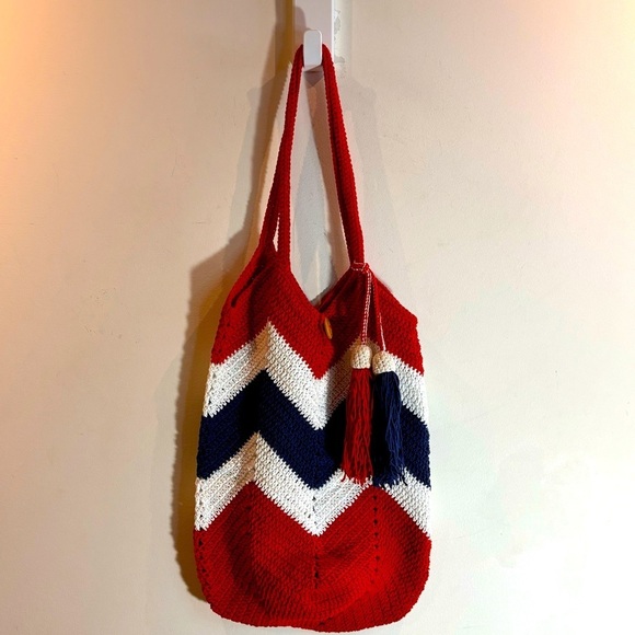 None Handbags - BAG Handmade Crochet Colour Block Shoulder Handbag with Tassels